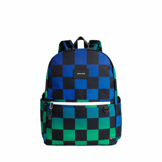 State Bags Everyday - Kane Double Pocket Backpack Recycled Poly Canvas Blue Checkerboard
