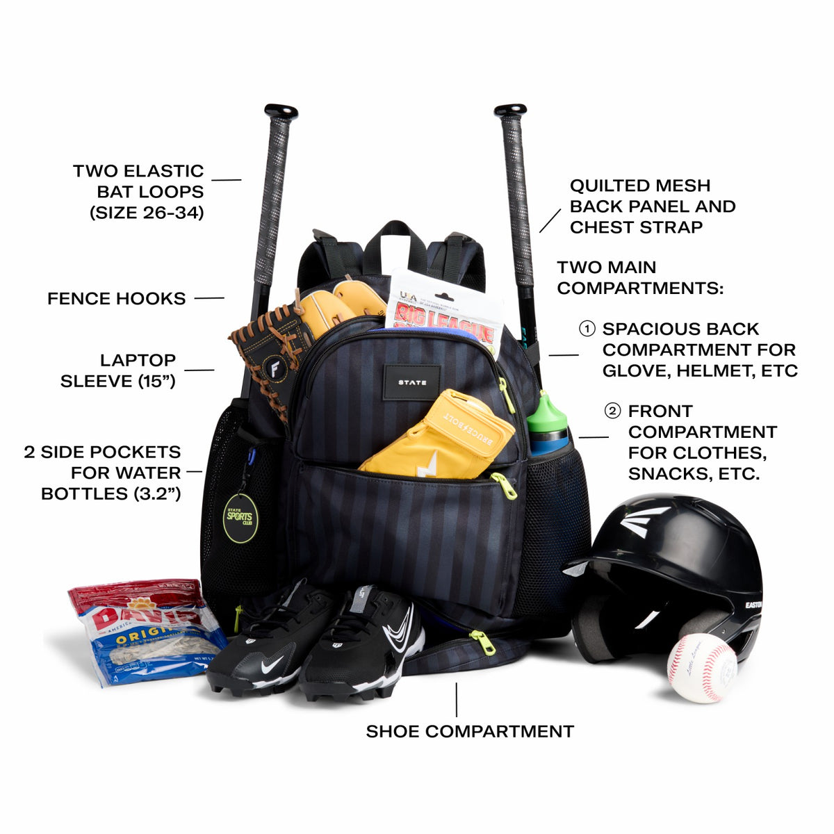 State Bags New - Shea Baseball Backpack Black Grey Striped