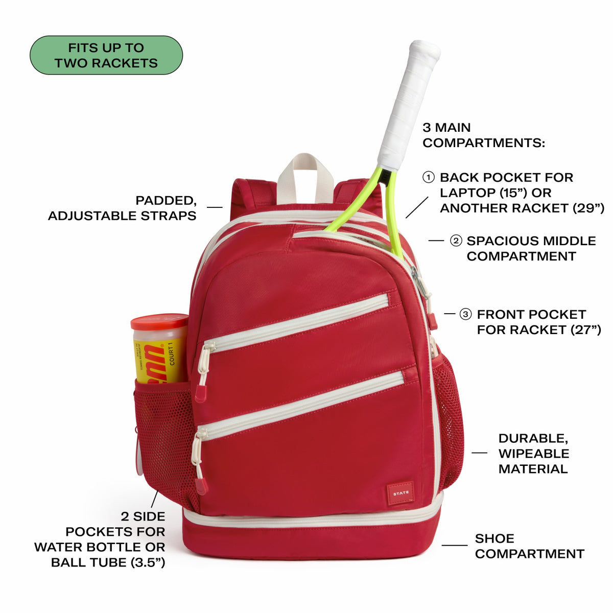 State Bags Exclusive - Lenox Tennis Backpack Nylon Red