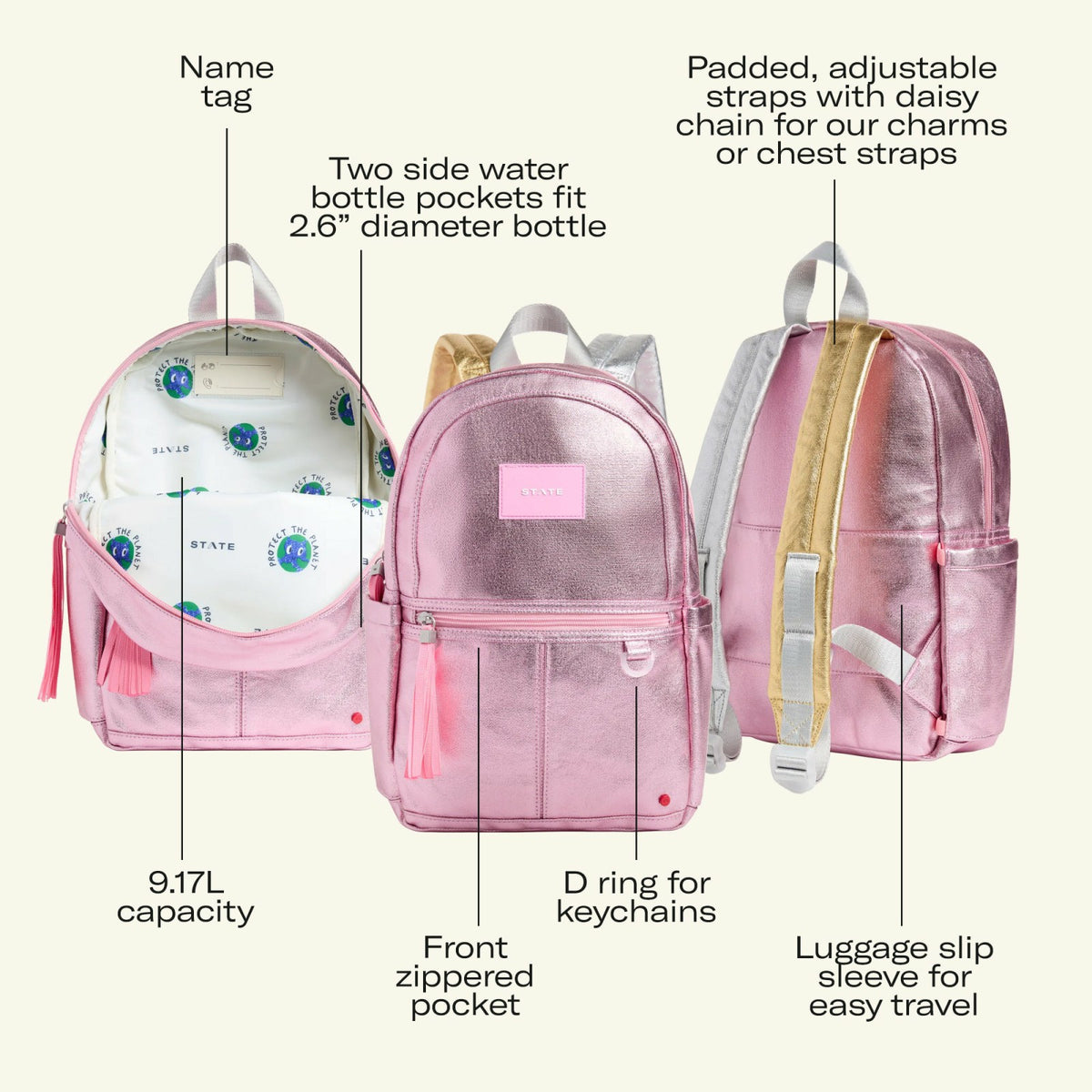 State Bags Exclusive - Kane Mini Backpack Metallic Pink/Silver