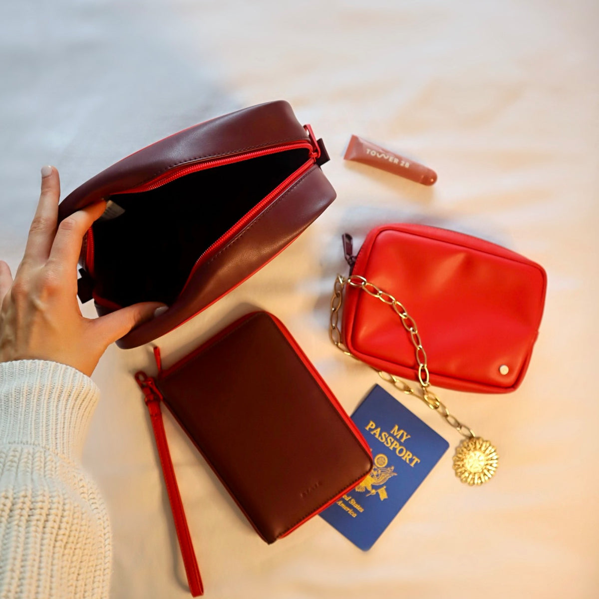 State Bags Featured - Travel Pouch Set of Two Vegan Leather Burgundy