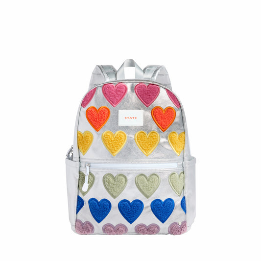 State Bags Signature - Kane Kids Double Pocket Backpack Metallic Fuzzy Hearts