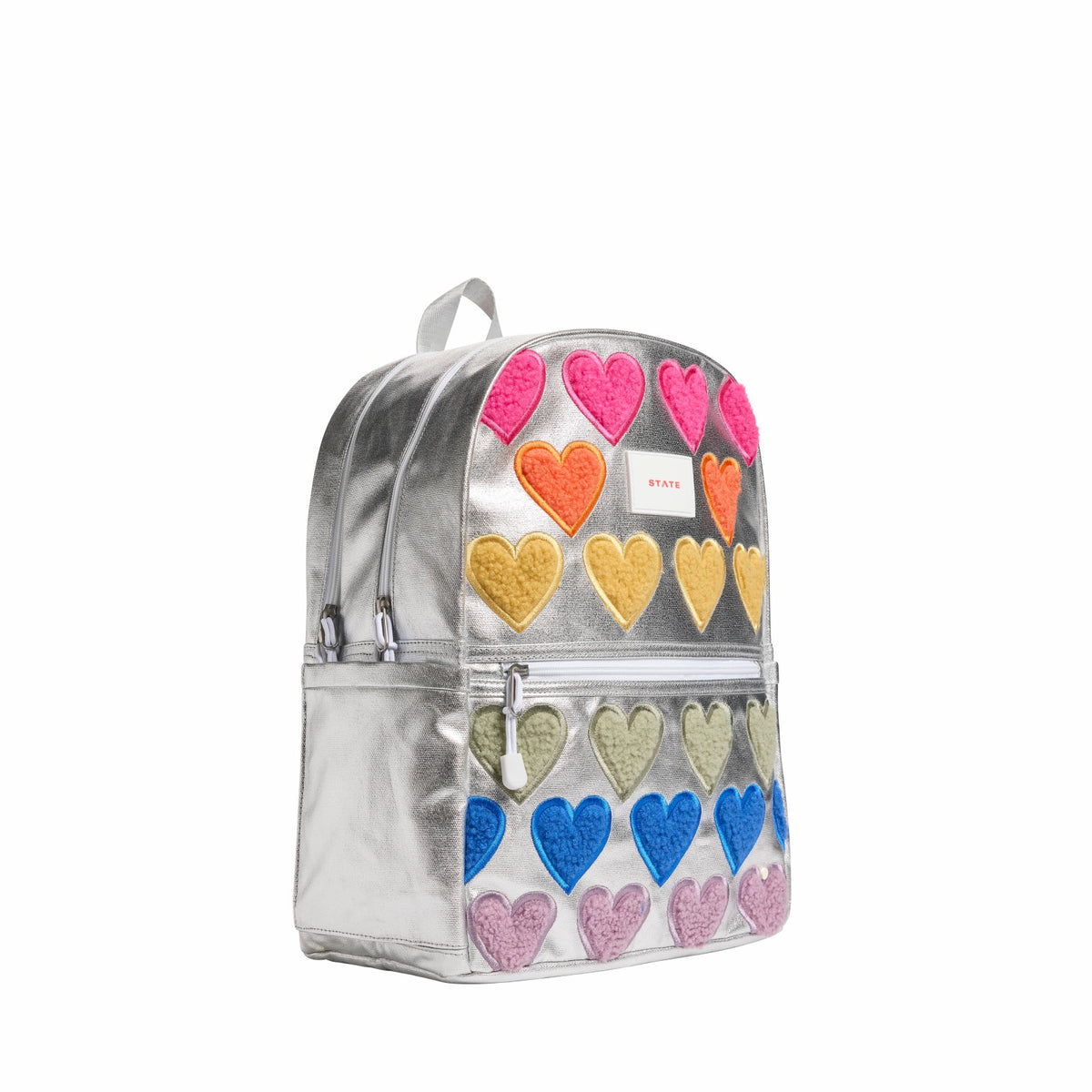 State Bags Signature - Kane Kids Double Pocket Backpack Metallic Fuzzy Hearts