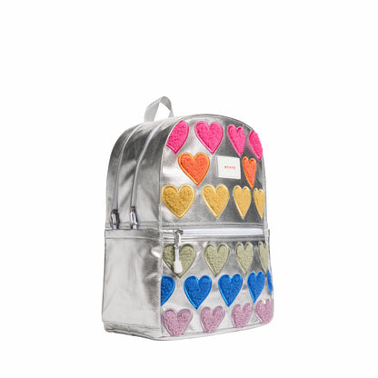 State Bags Signature - Kane Kids Double Pocket Backpack Metallic Fuzzy Hearts