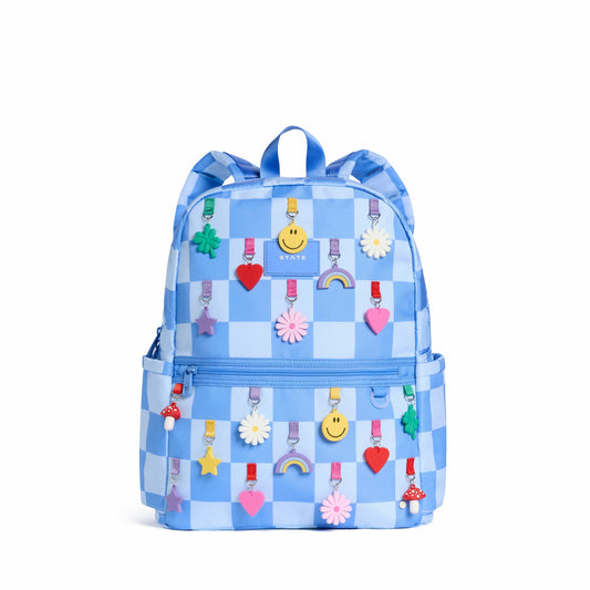State Bags Sale - Kane Kids Double Pocket Backpack Recycled Polycanvas Charms Blue Check