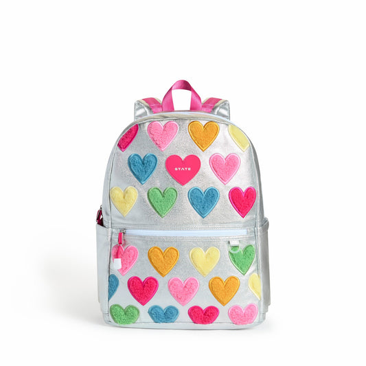 State Bags Exclusive - Kane Kids Double Pocket Backpack Metallic Happy Fuzzy Hearts
