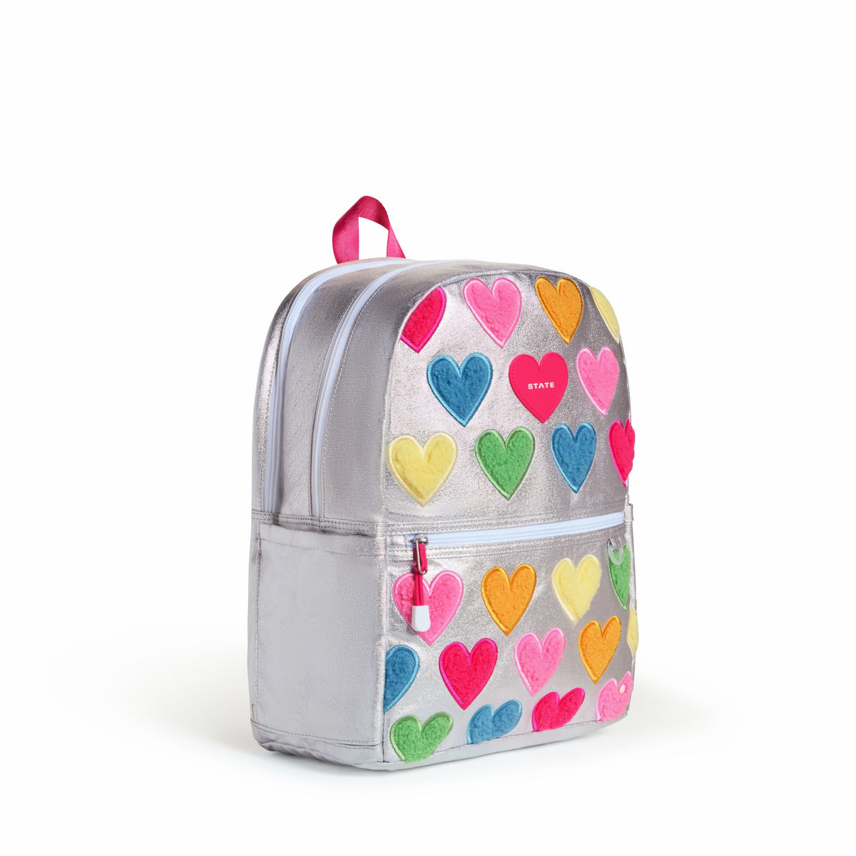 State Bags Exclusive - Kane Kids Double Pocket Backpack Metallic Happy Fuzzy Hearts
