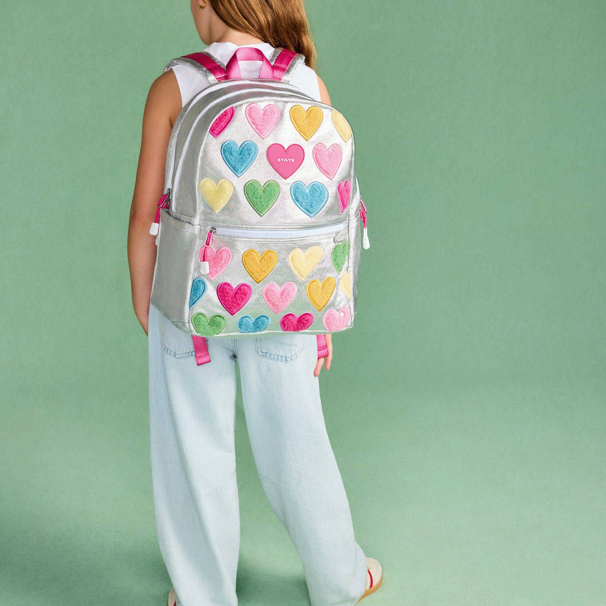 State Bags Exclusive - Kane Kids Double Pocket Backpack Metallic Happy Fuzzy Hearts