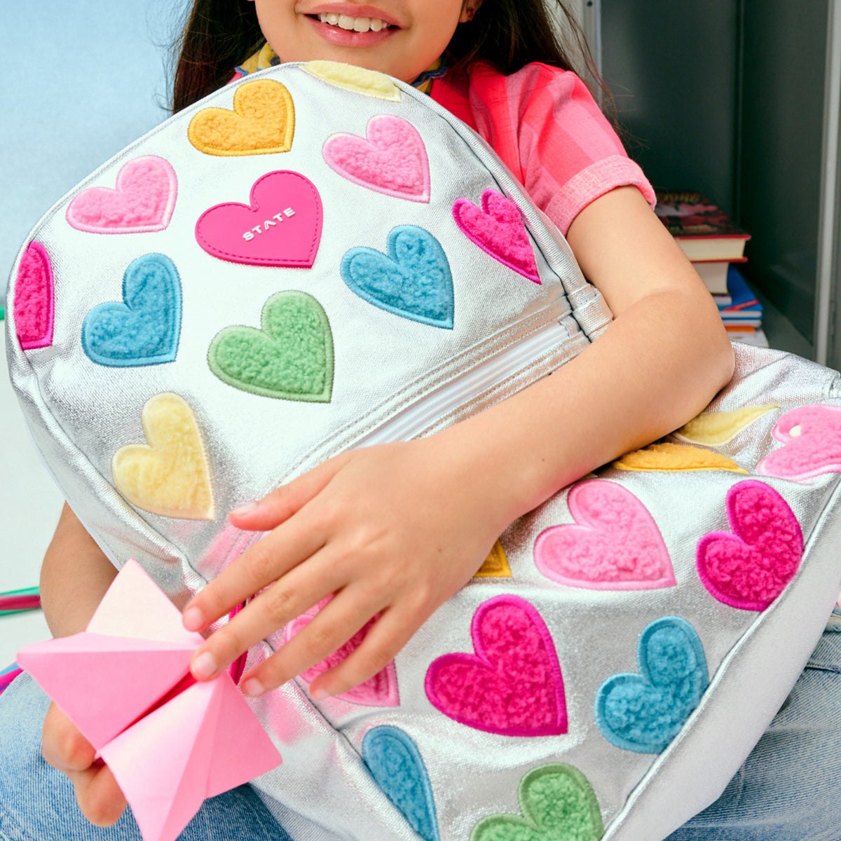 State Bags Exclusive - Kane Kids Double Pocket Backpack Metallic Happy Fuzzy Hearts