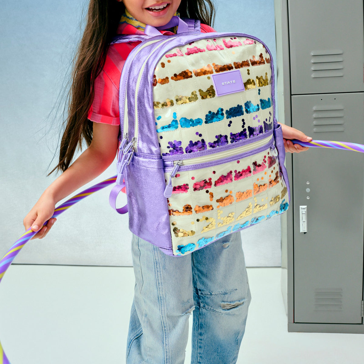 State Bags Top Pick - Kane Kids Double Pocket Backpack Metallic Lilac Quilted Sequins