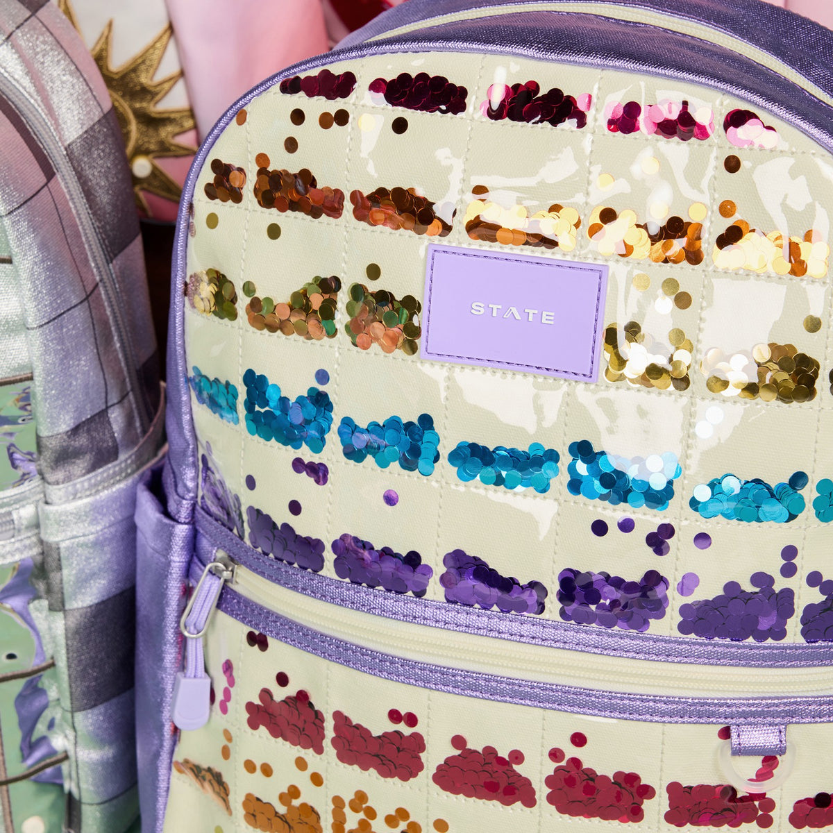 State Bags Top Pick - Kane Kids Double Pocket Backpack Metallic Lilac Quilted Sequins