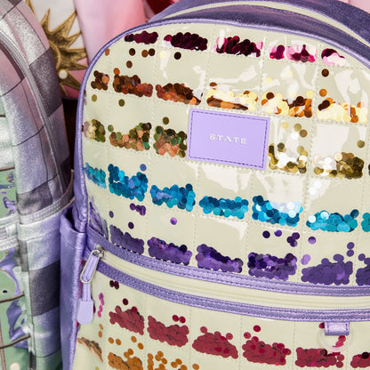 State Bags Top Pick - Kane Kids Double Pocket Backpack Metallic Lilac Quilted Sequins