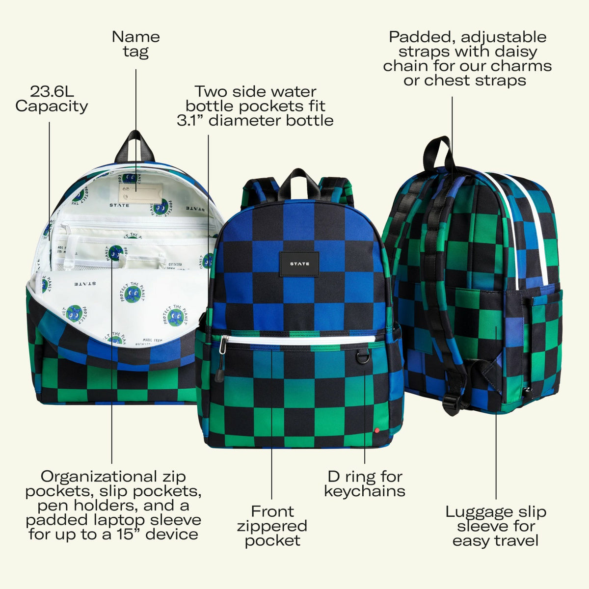 State Bags Popular - Kane Double Pocket Backpack Recycled Poly Canvas Varsity Numbers